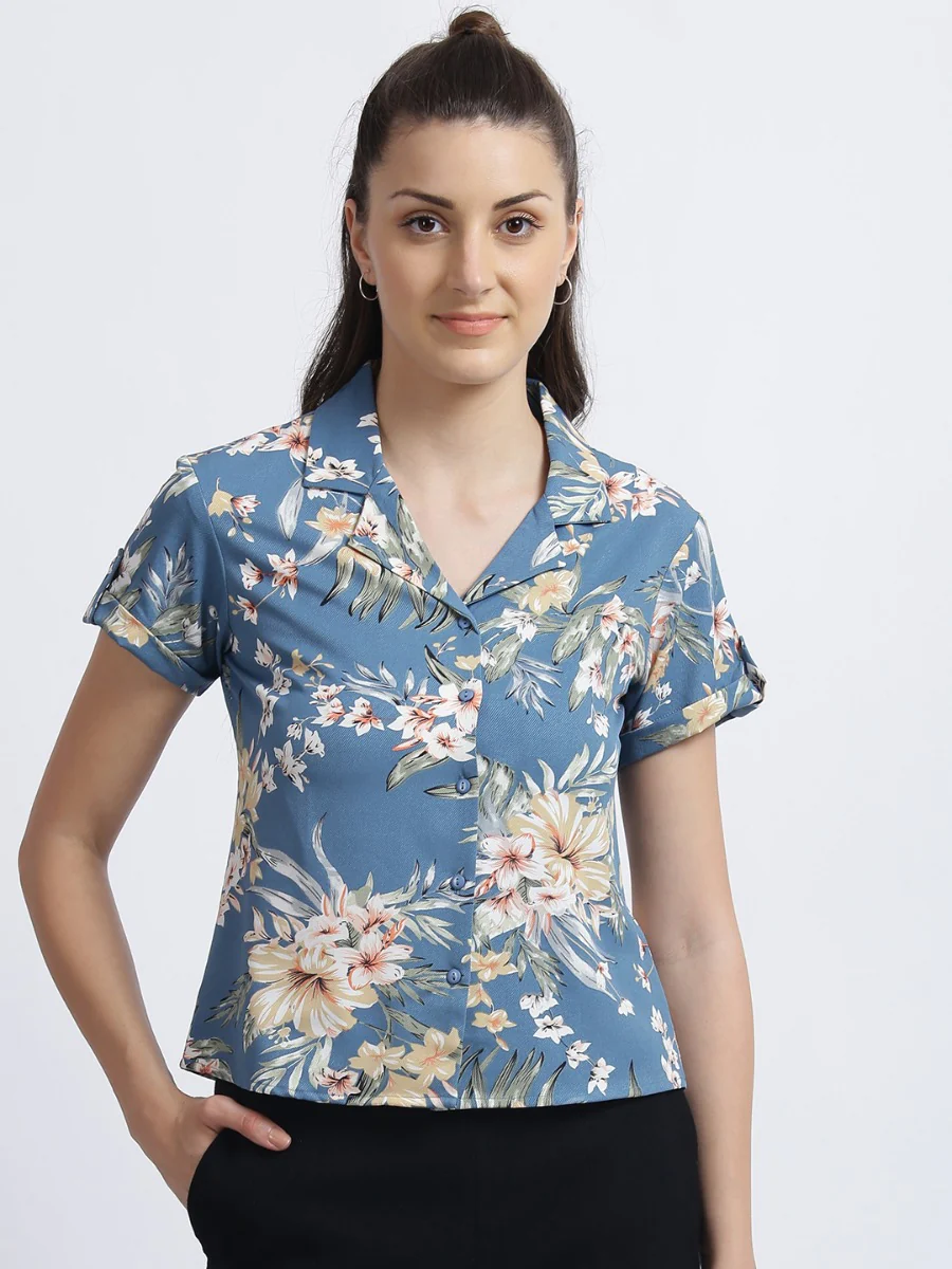 Teal Tropical Print Regular Shirt - Image 3