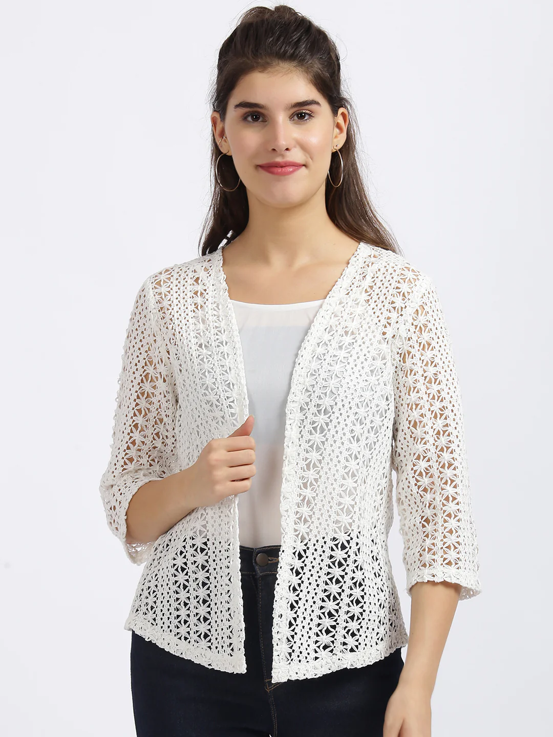 White Embroidered Regular Shrug - Image 2