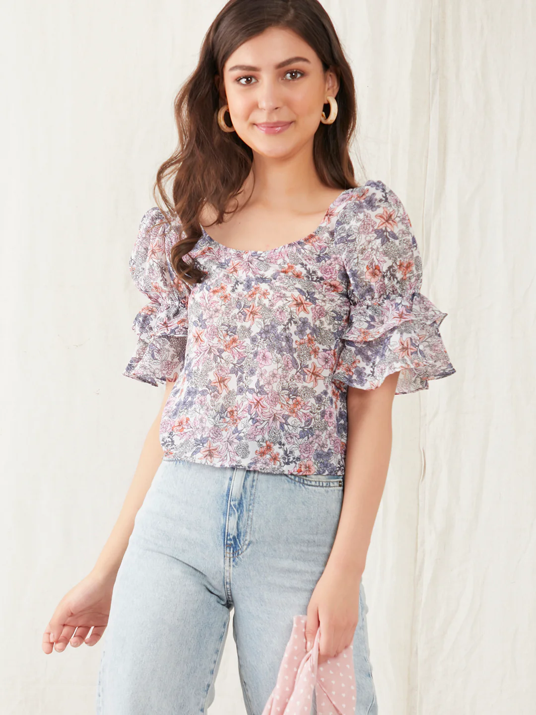 White Floral Print Regular Top
