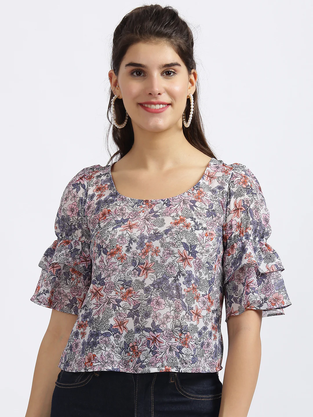 White Floral Print Regular Top - Image 2