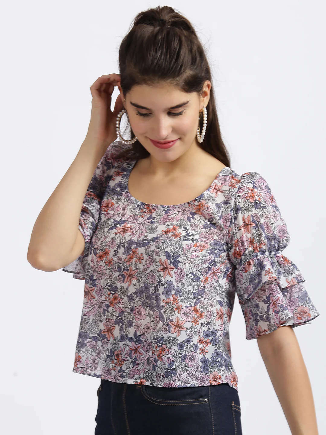 White Floral Print Regular Top - Image 3