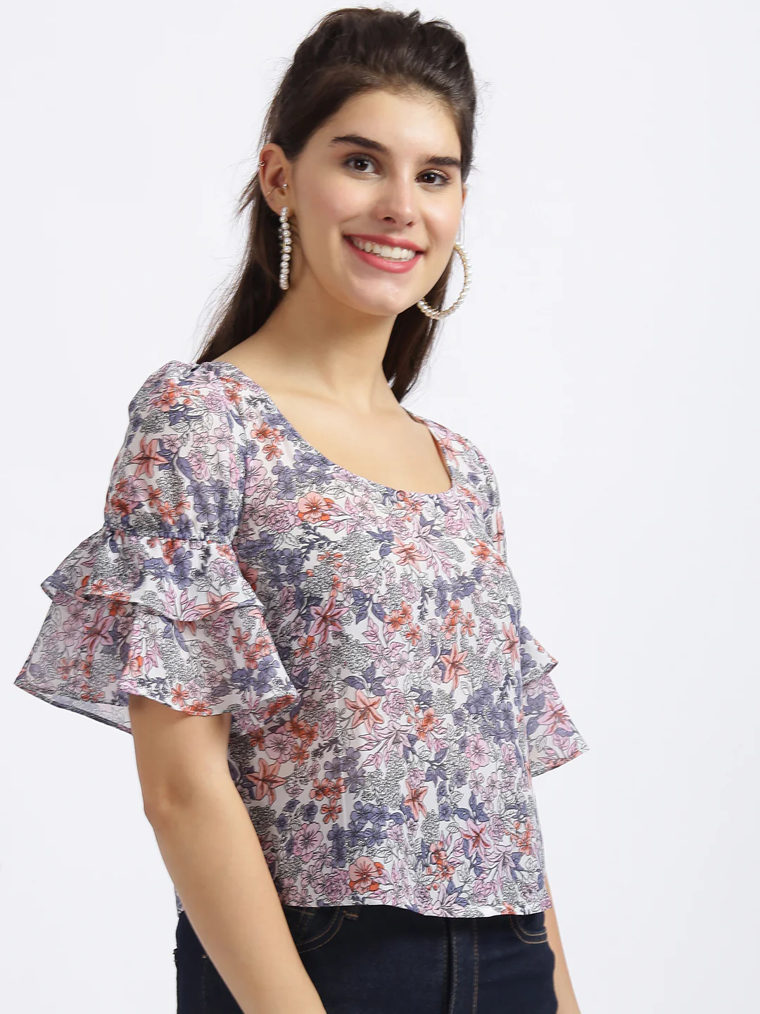 White Floral Print Regular Top - Image 4