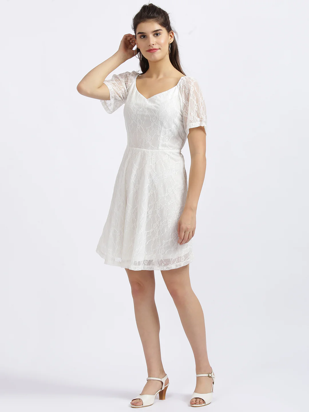White Self Design Fit & Flare Dress - Image 2