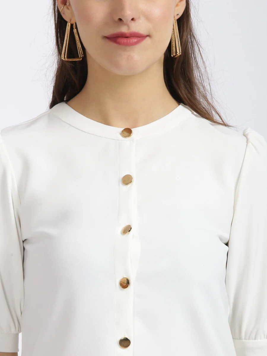 White Solid Shirt Style Top - Image 3