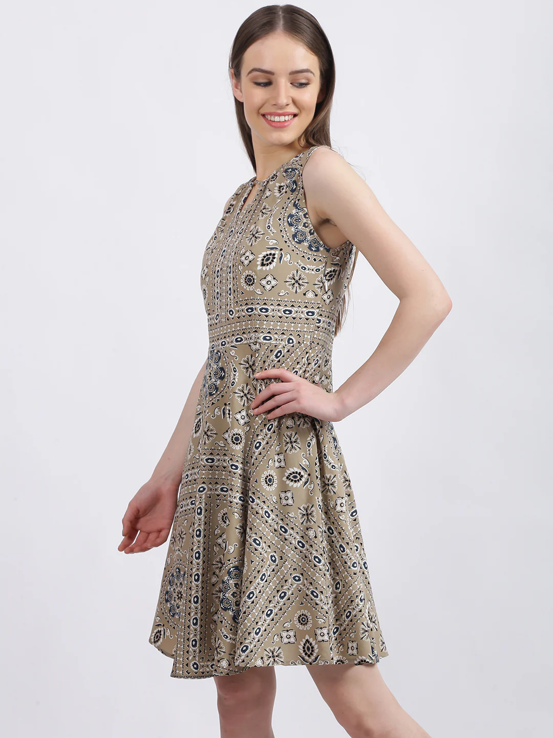 Beige Tribal Print Fit & Flare Dress - Image 3