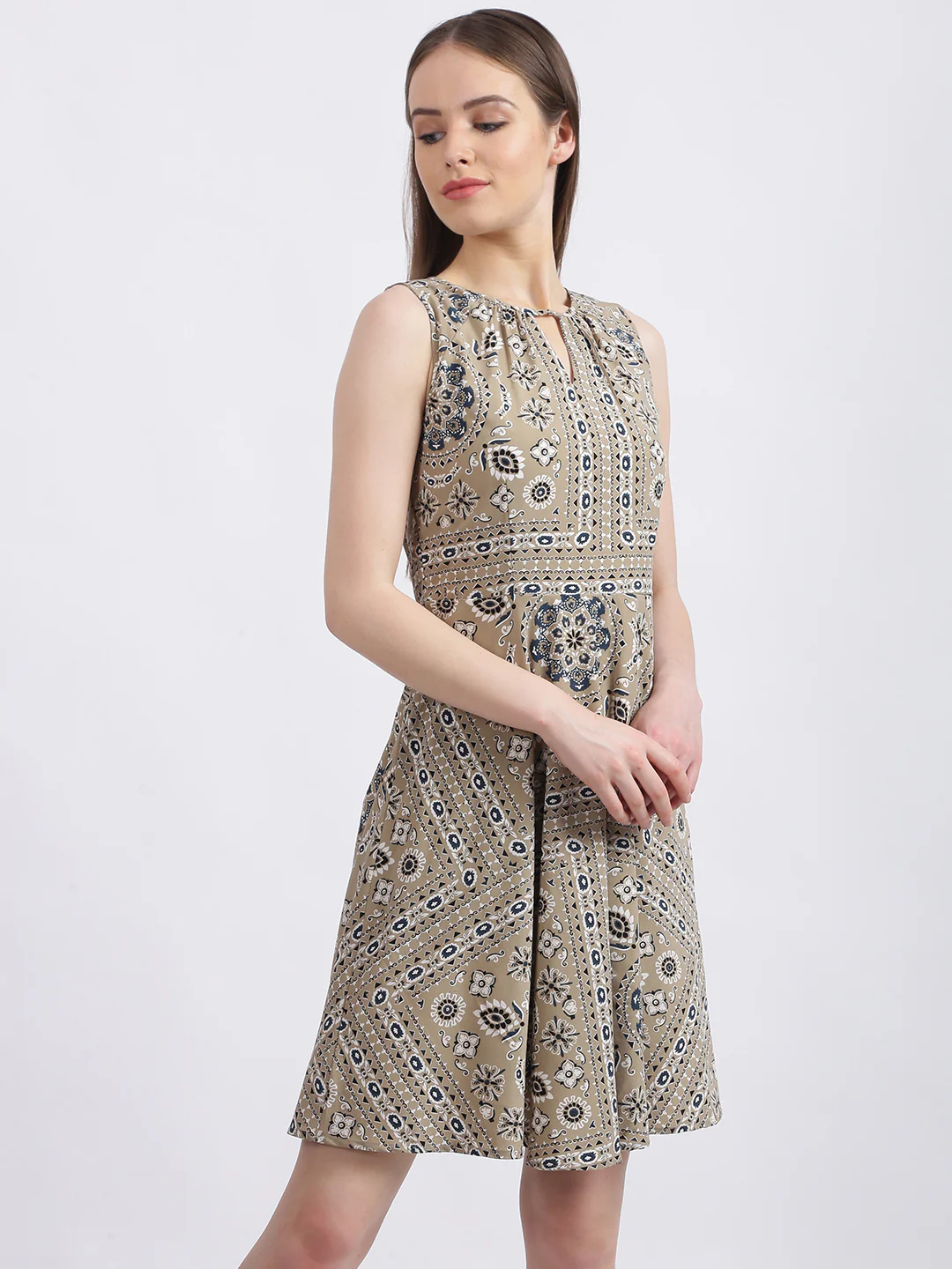 Beige Tribal Print Fit & Flare Dress - Image 4