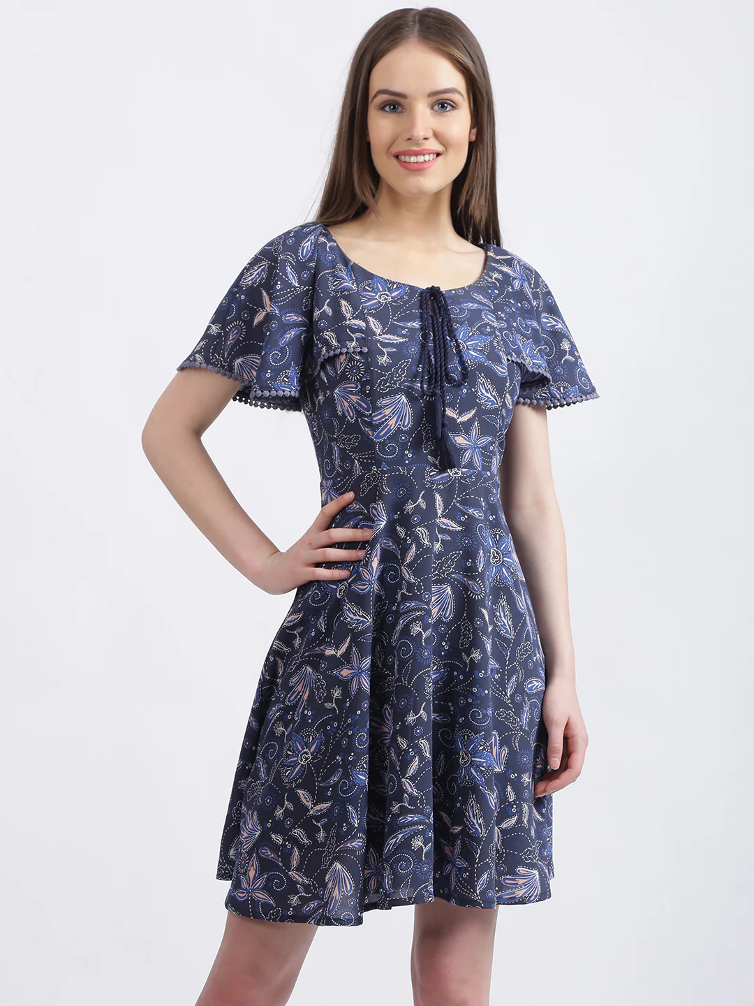 Blue Floral Print A-Line Dress - Image 2