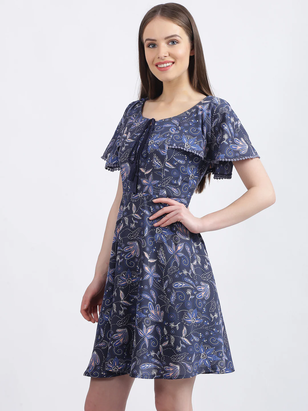 Blue Floral Print A-Line Dress - Image 3