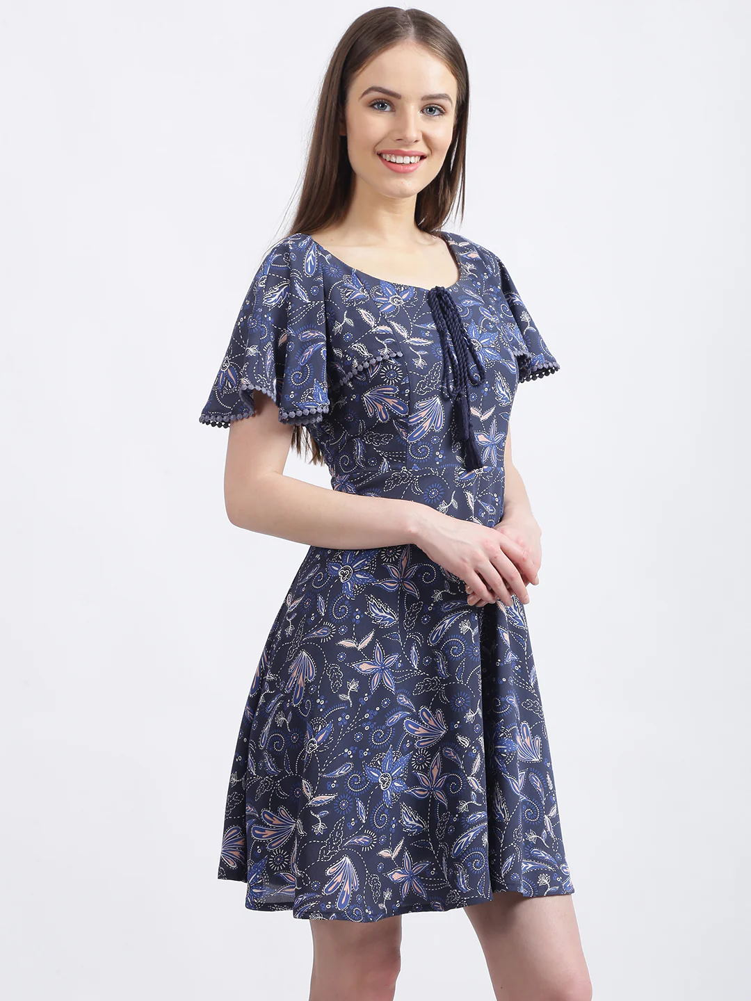 Blue Floral Print A-Line Dress - Image 4