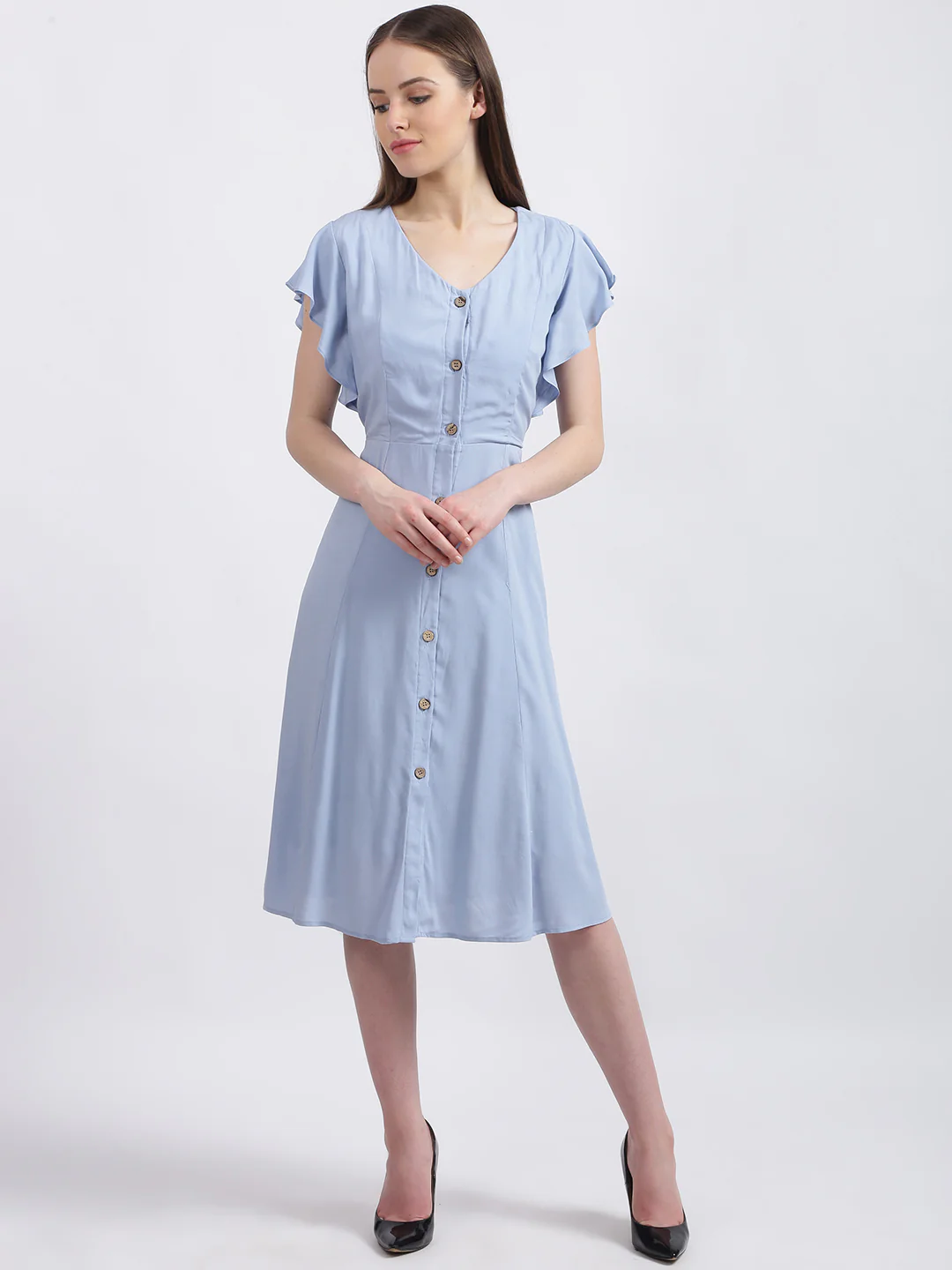 Blue Solid A-Line Dress - Image 2