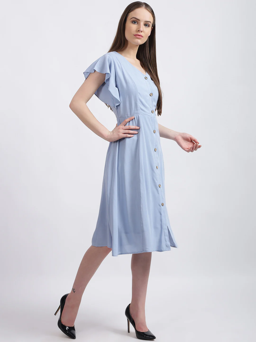 Blue Solid A-Line Dress - Image 6
