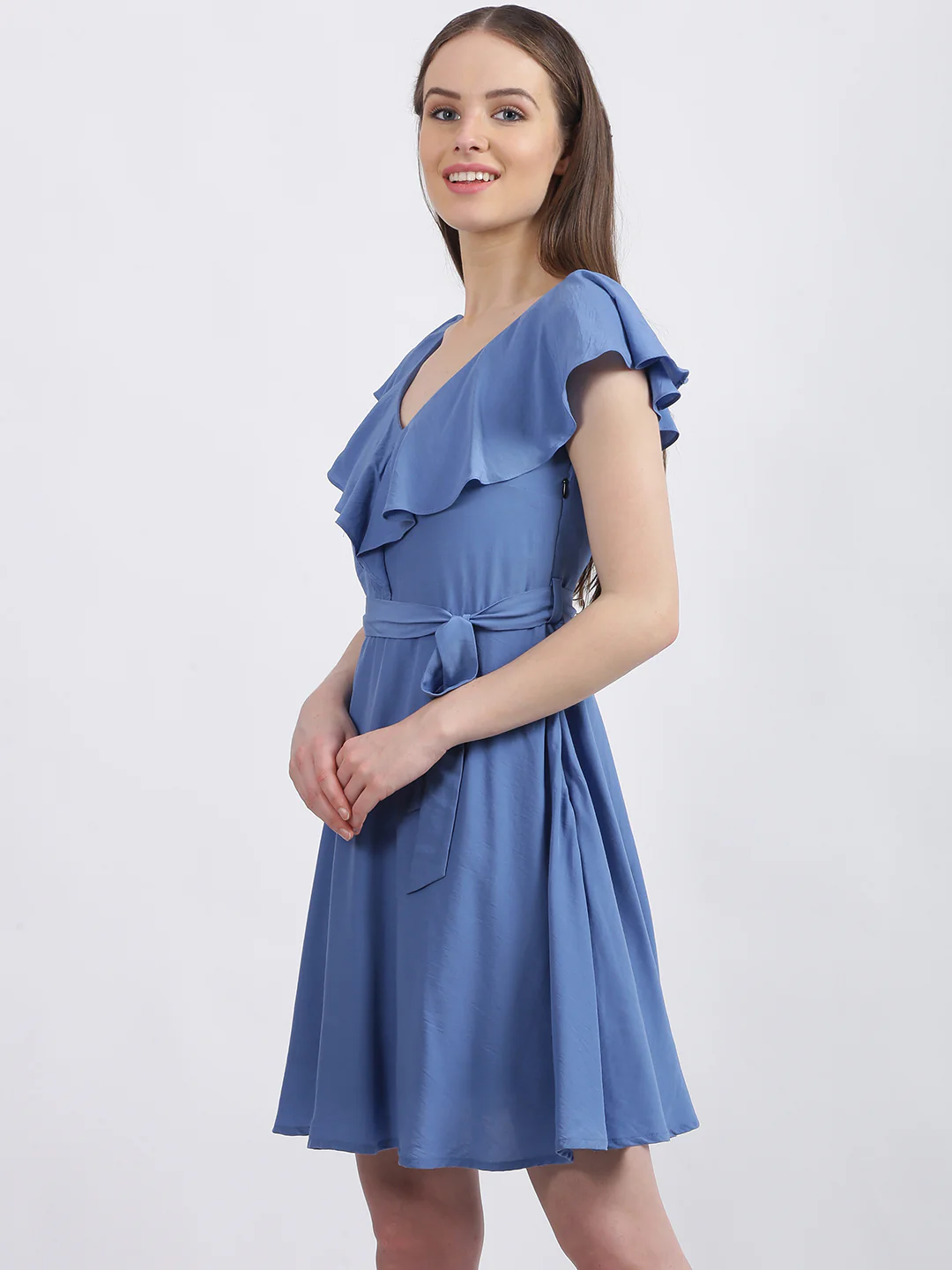 Blue Solid Fit & Flare Dress - Image 2