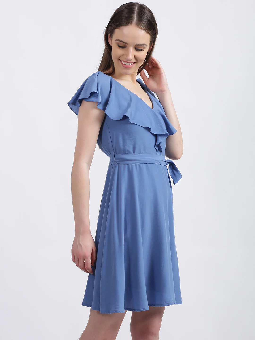 Blue Solid Fit & Flare Dress - Image 3
