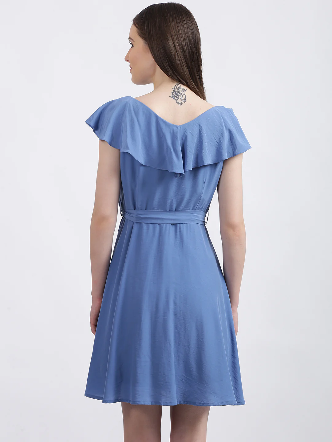 Blue Solid Fit & Flare Dress - Image 4