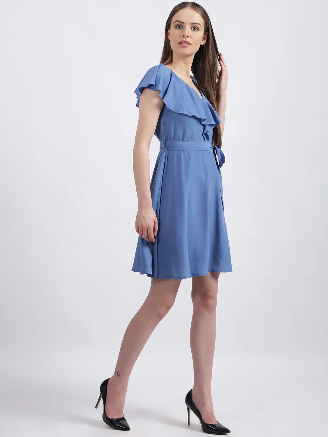 Blue Solid Fit & Flare Dress - Image 5