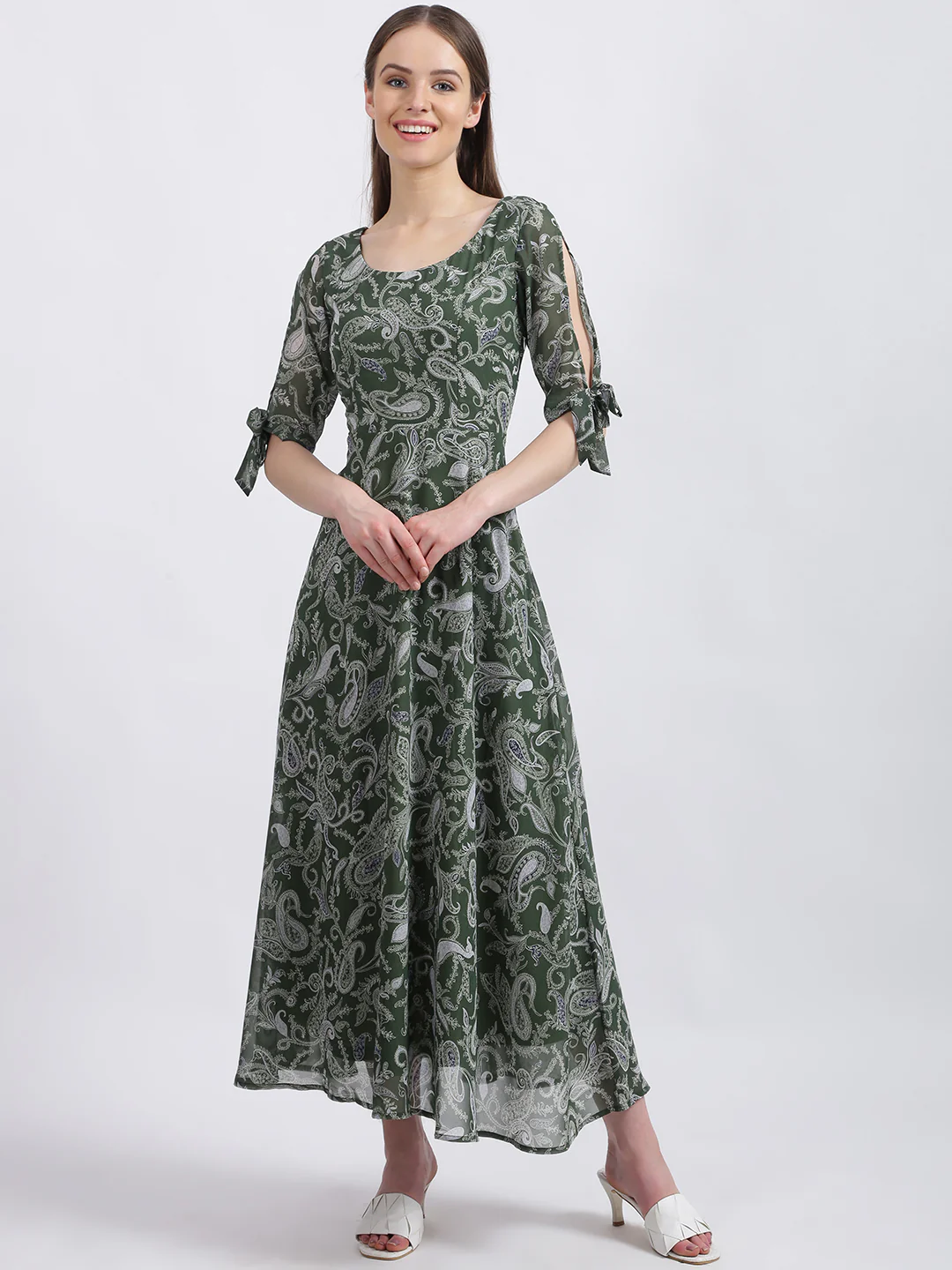 Green Floral Print Fit & Flare Dress - Image 2