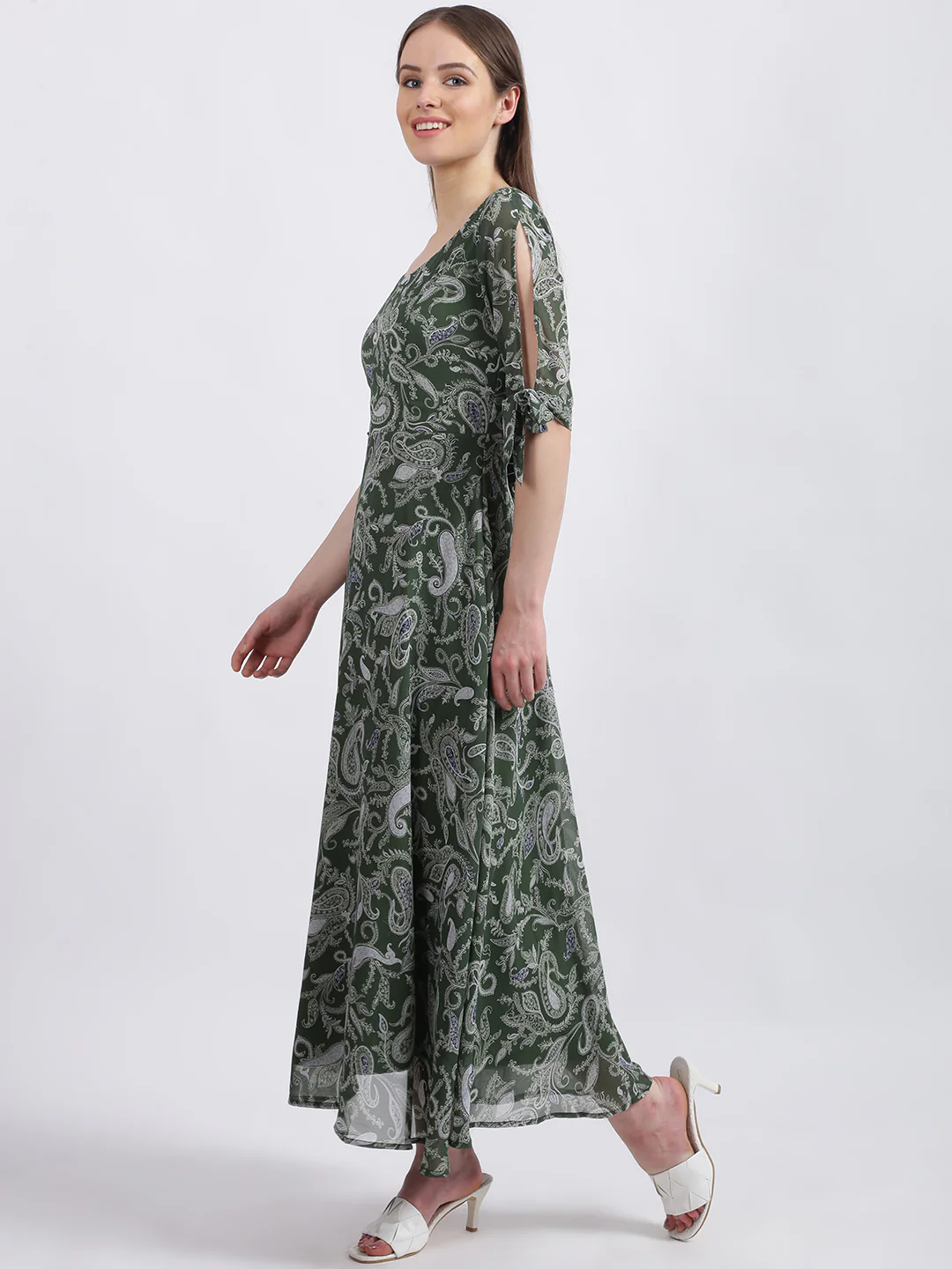 Green Floral Print Fit & Flare Dress - Image 3