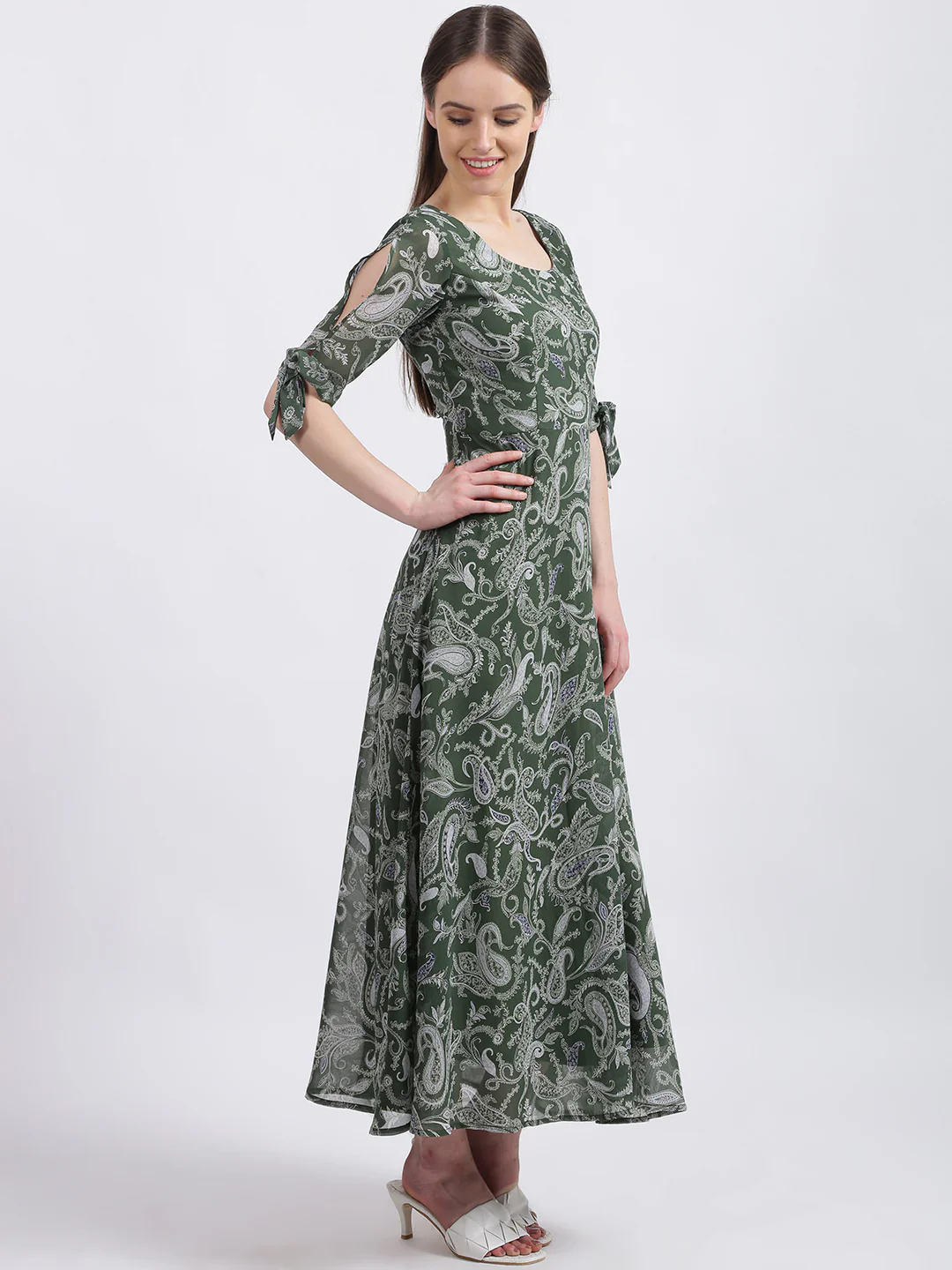 Green Floral Print Fit & Flare Dress - Image 4