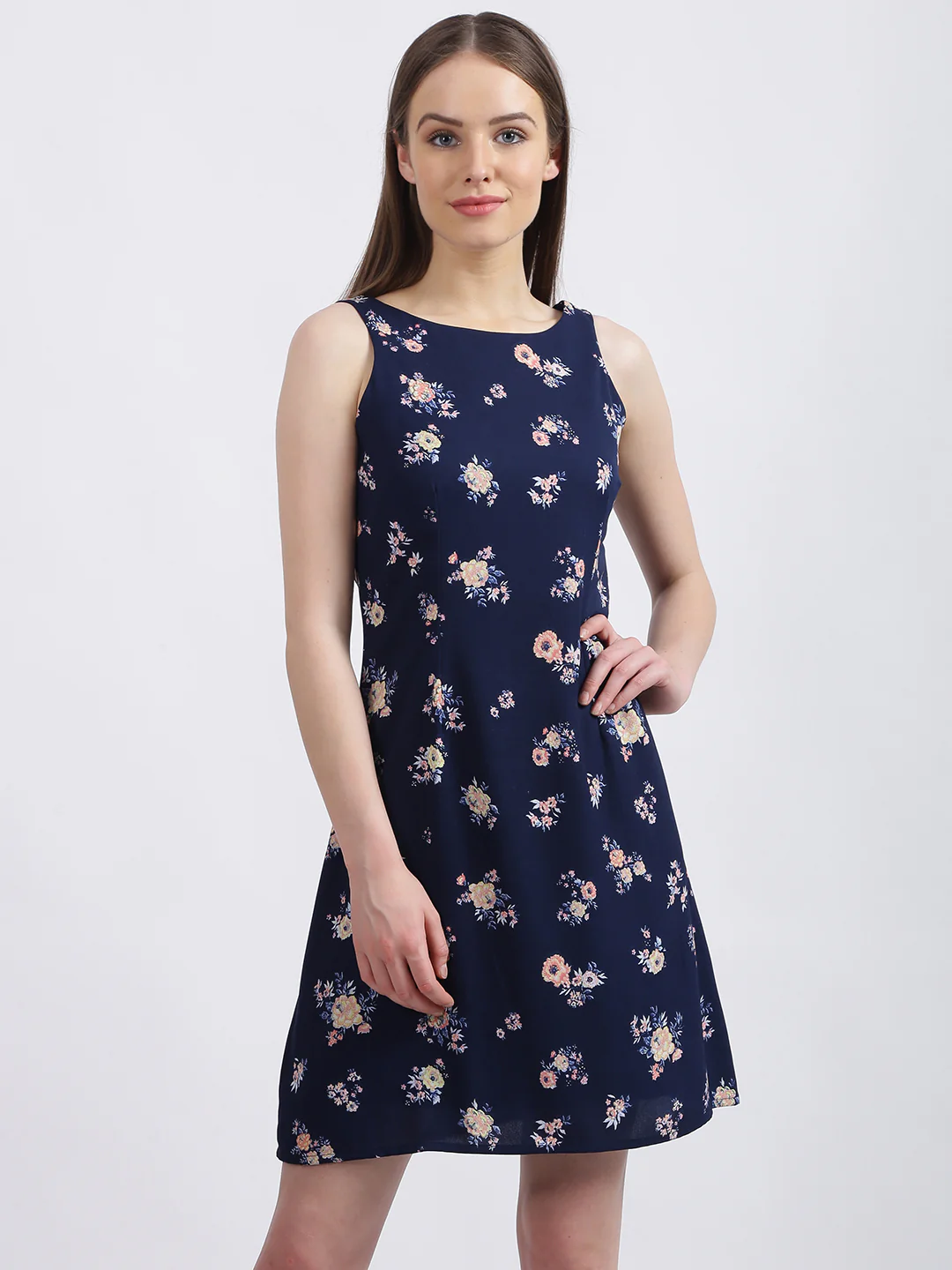 Navy Blue Floral Print Fit & Flare Dress - Image 2