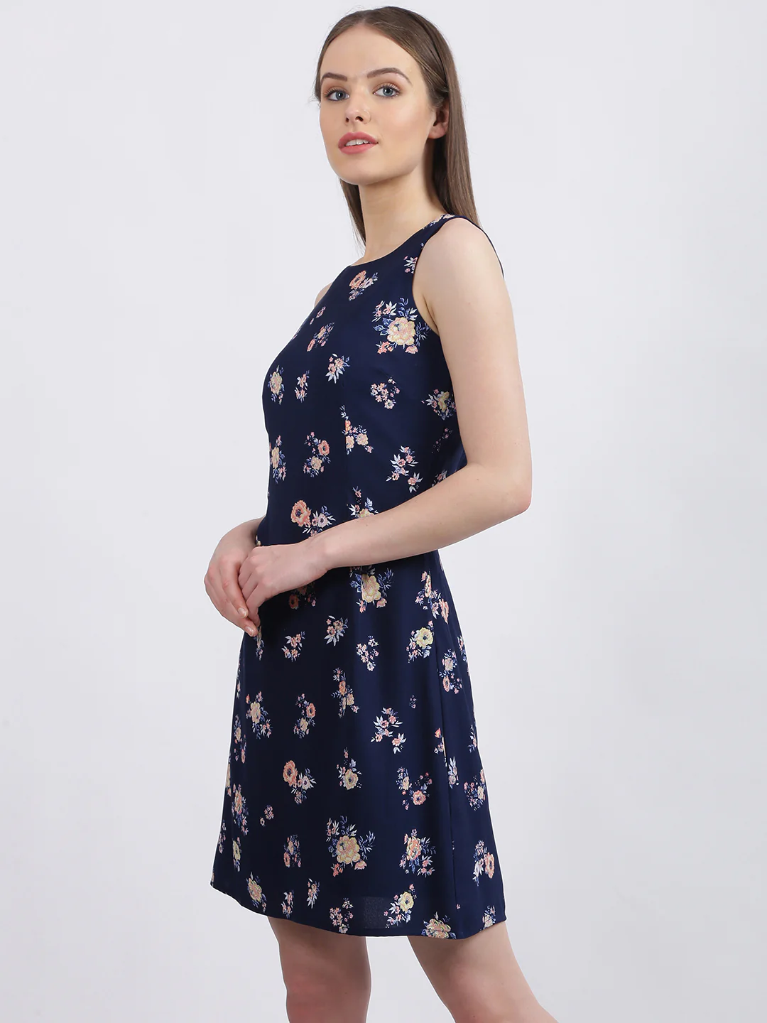 Navy Blue Floral Print Fit & Flare Dress - Image 3