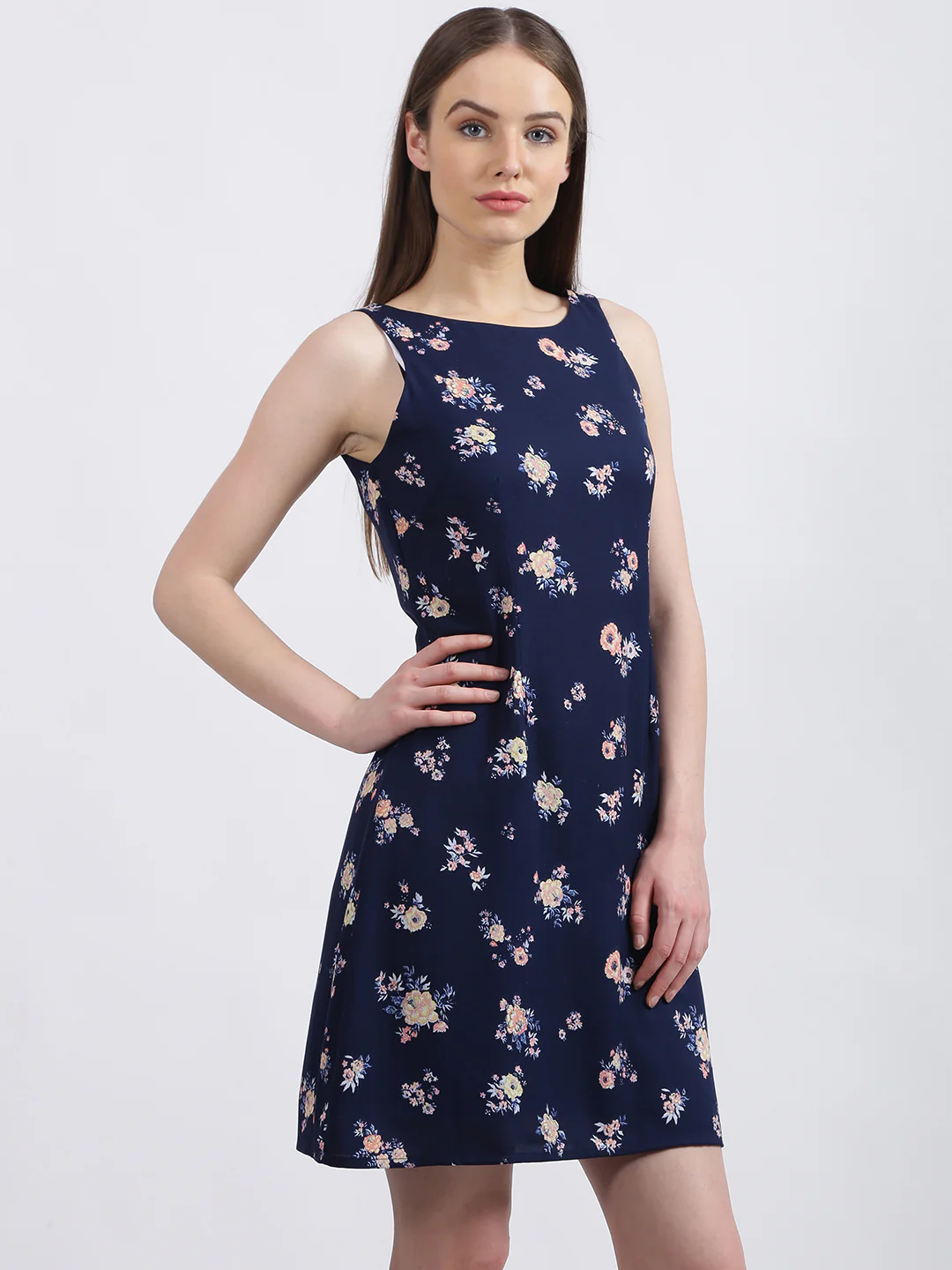 Navy Blue Floral Print Fit & Flare Dress - Image 4