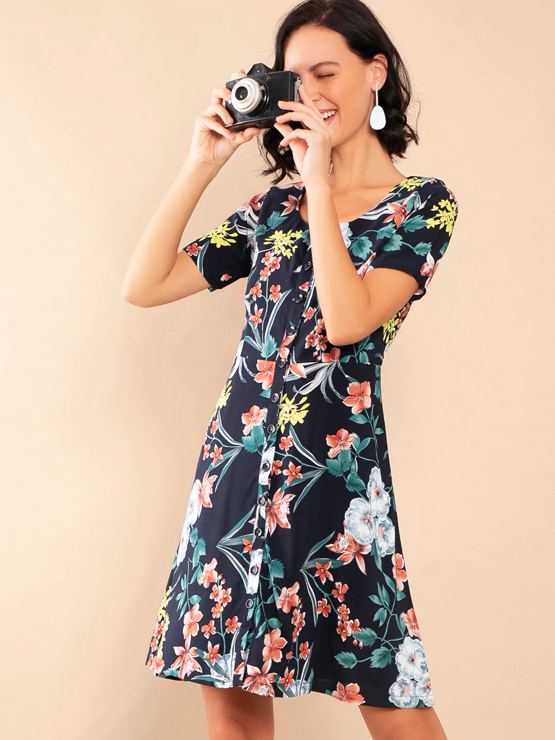 Navy Blue Floral Print Fit & Flare Dress