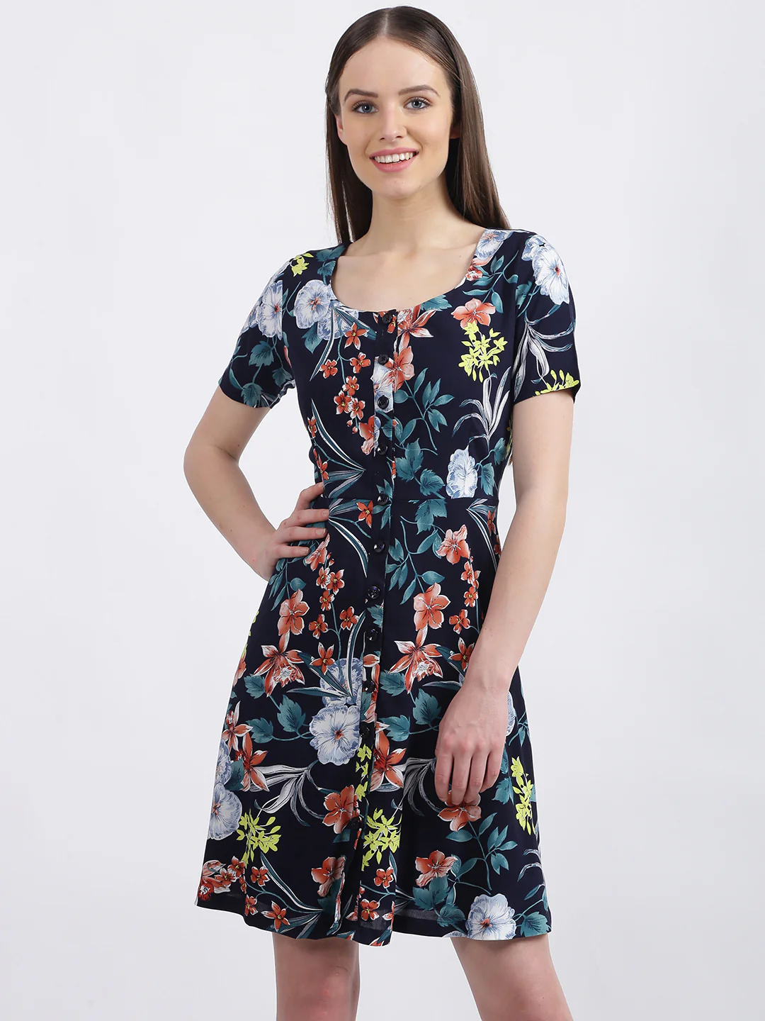 Navy Blue Floral Print Fit & Flare Dress - Image 2