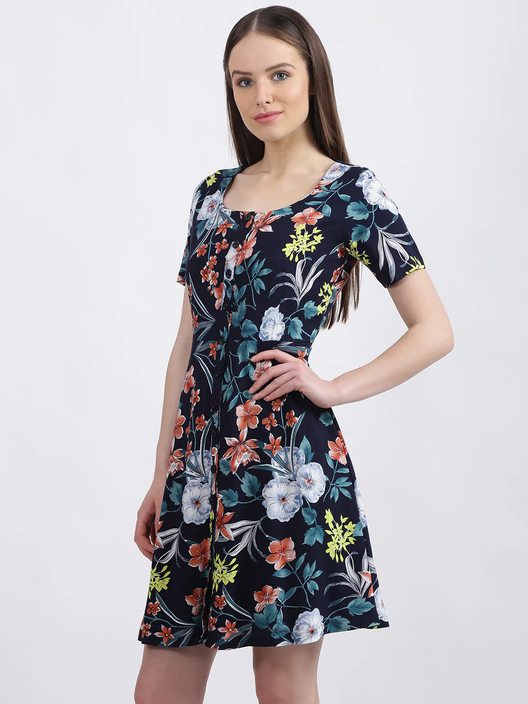 Navy Blue Floral Print Fit & Flare Dress - Image 3