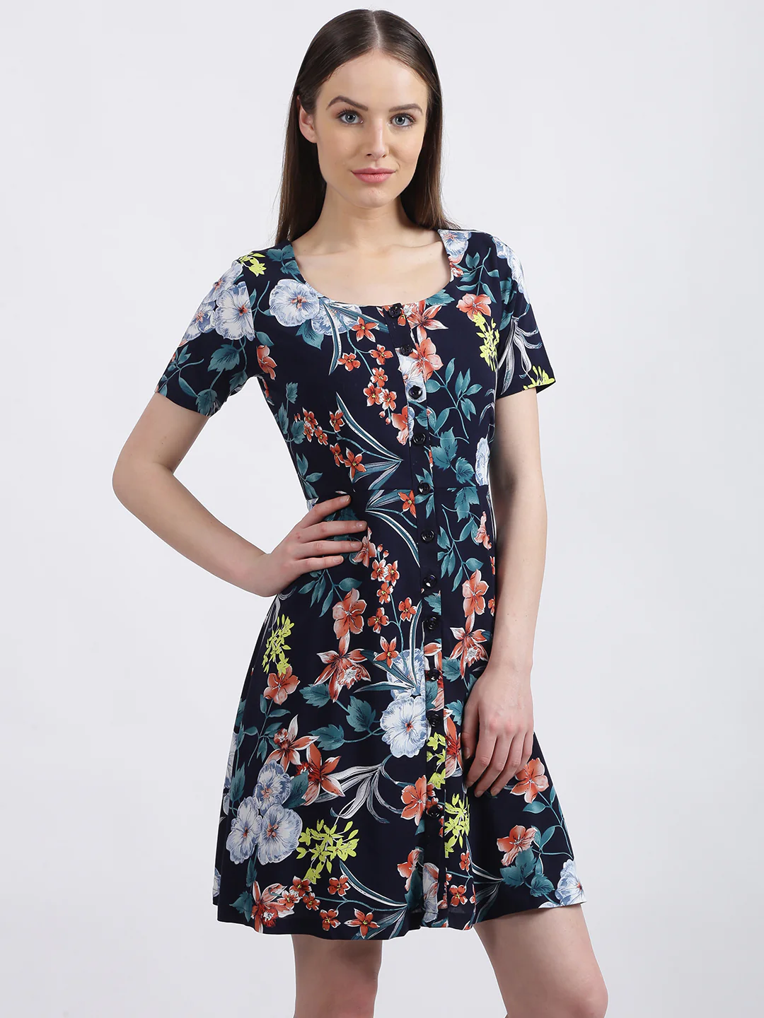 Navy Blue Floral Print Fit & Flare Dress - Image 4