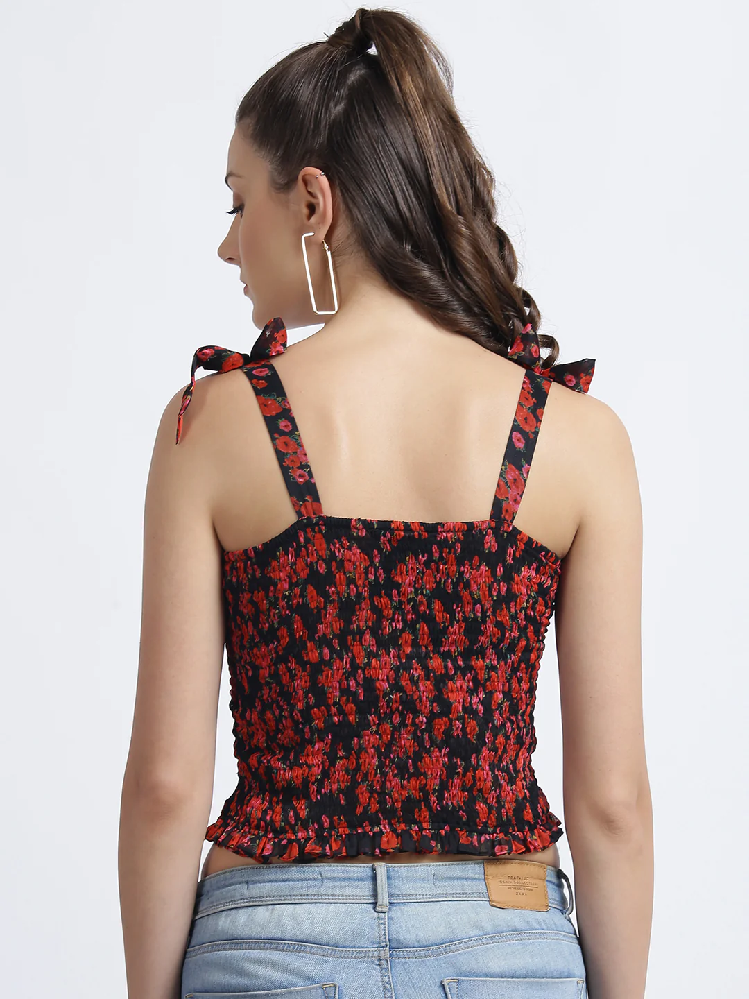 Red & Black Floral Printed Cropped Top - Image 4