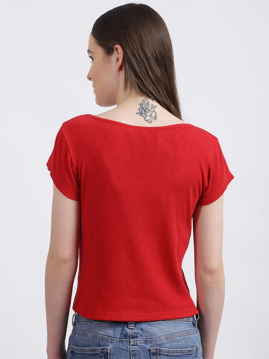 Red Solid Cropped T-Shirt - Image 2