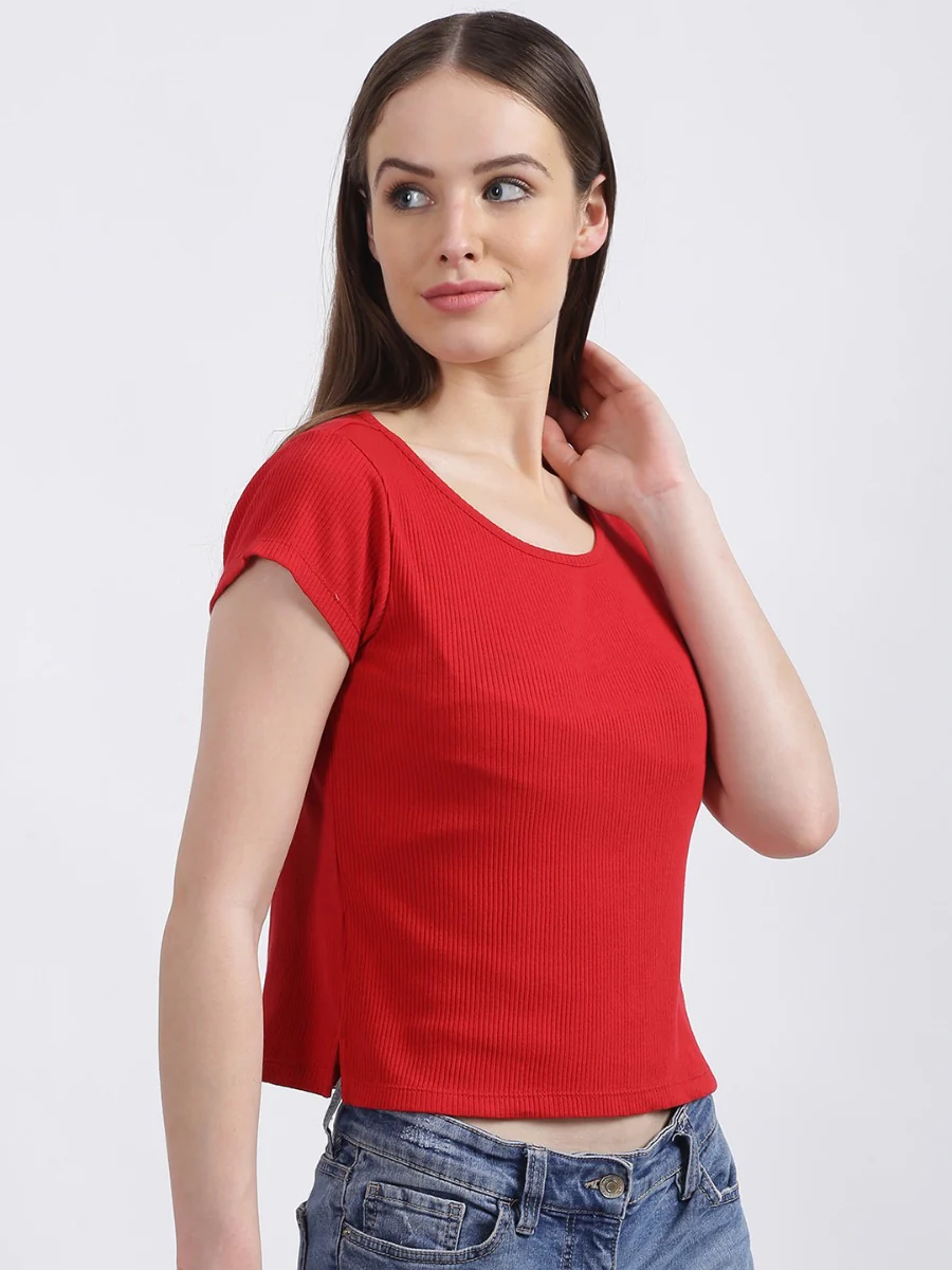 Red Solid Cropped T-Shirt - Image 4