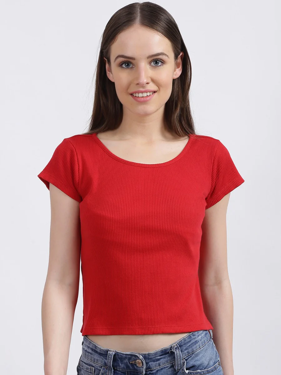 Red Solid Cropped T-Shirt - Image 6