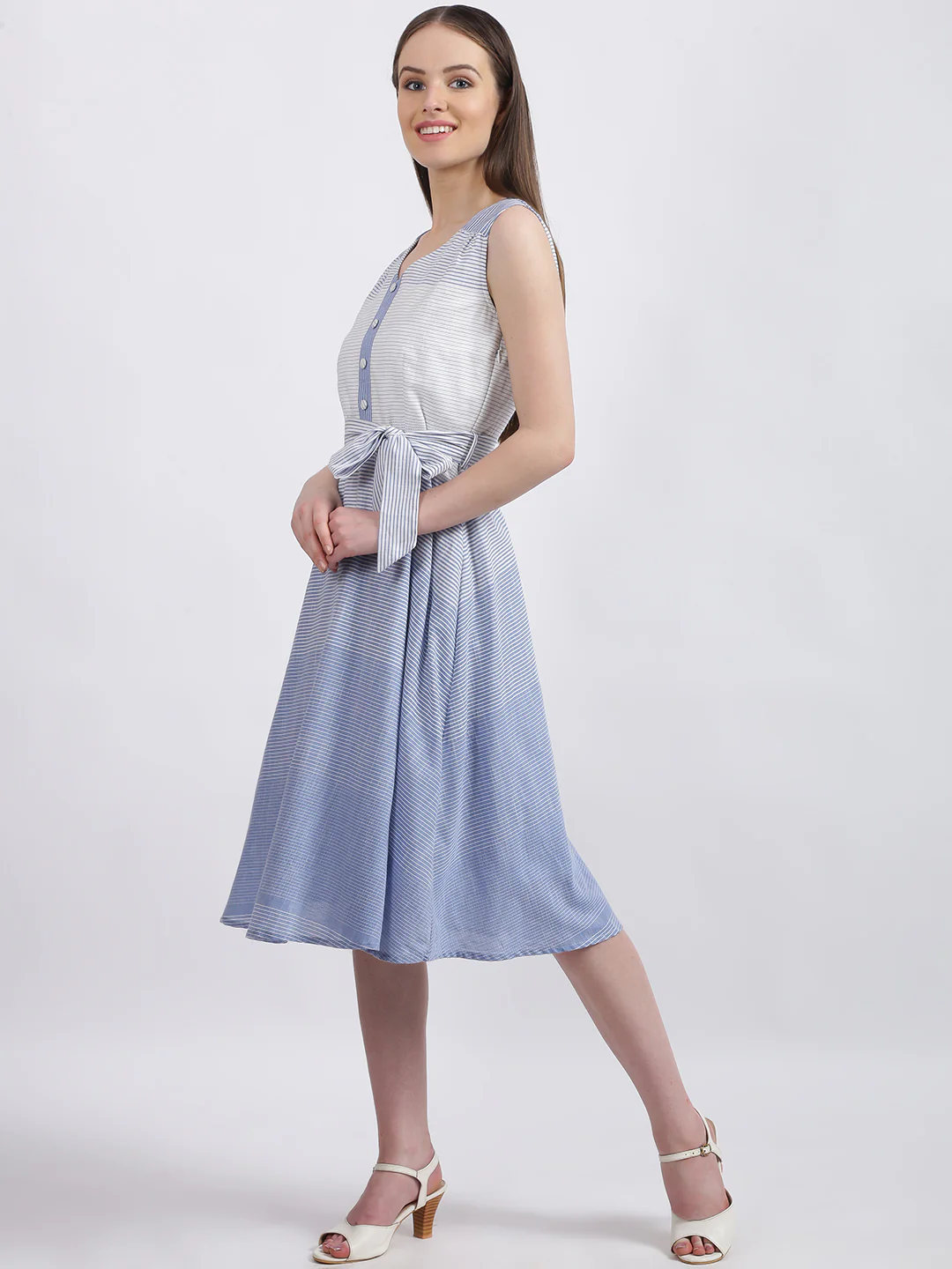 White Striped Fit & Flare Dress - Image 2