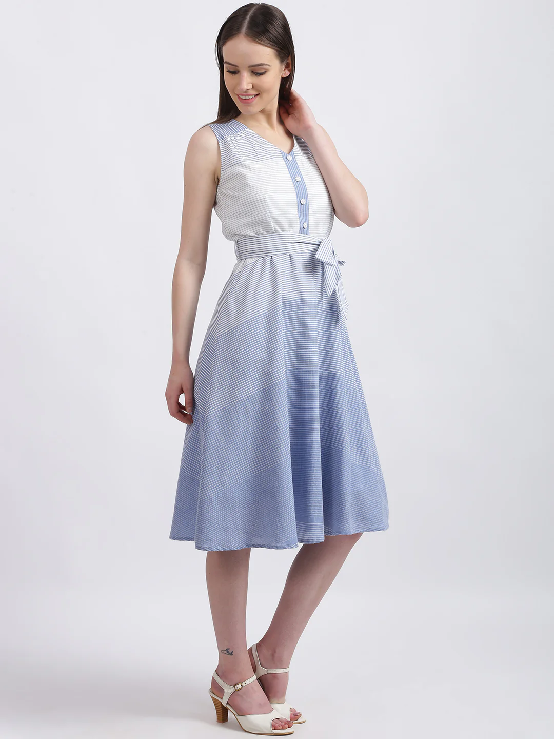White Striped Fit & Flare Dress - Image 3