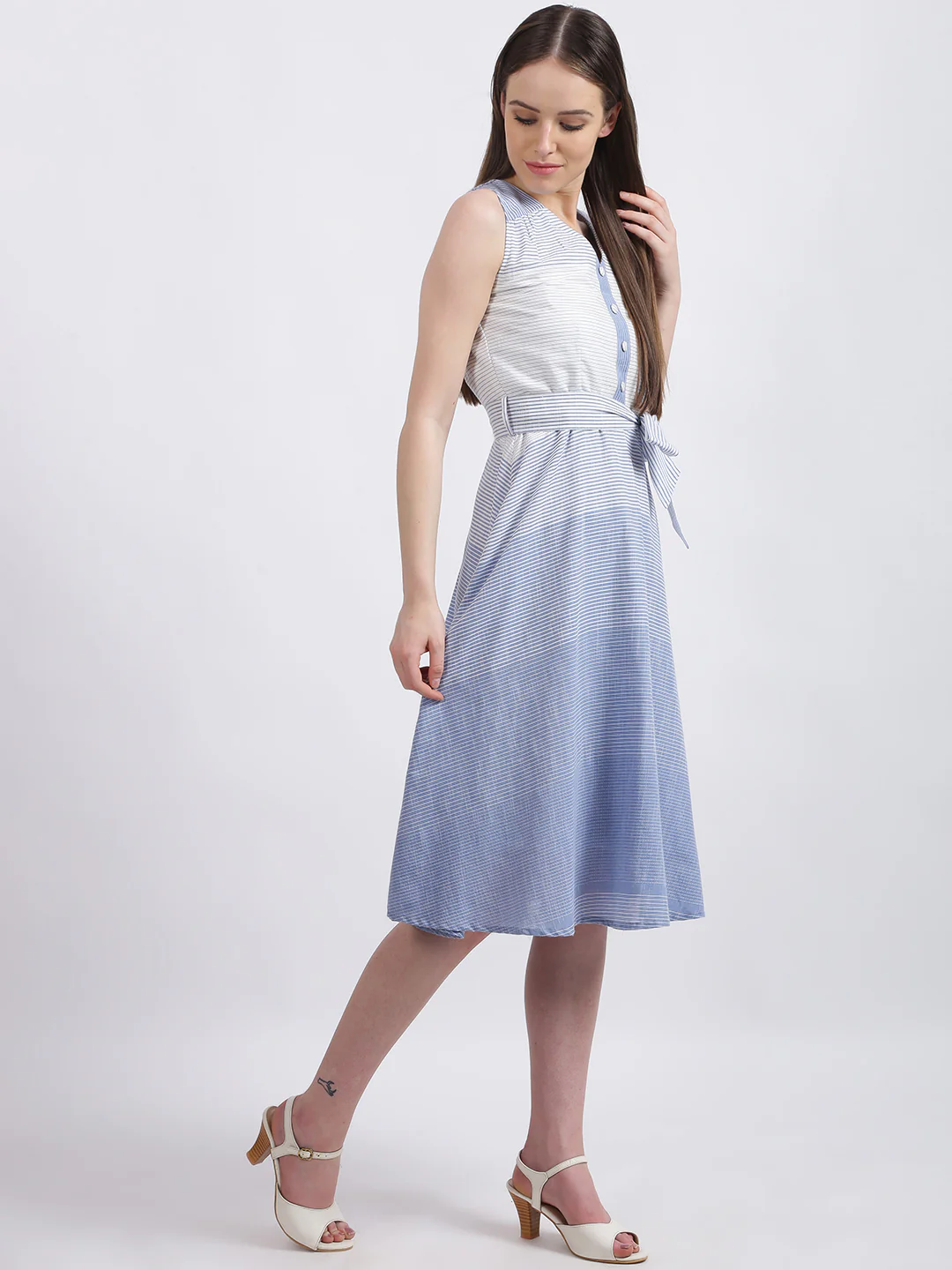 White Striped Fit & Flare Dress - Image 5