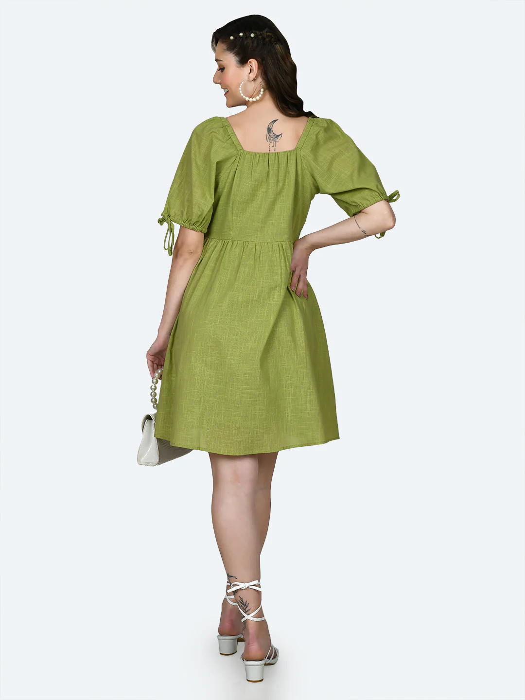 Green Solid Short Dress - Image 3