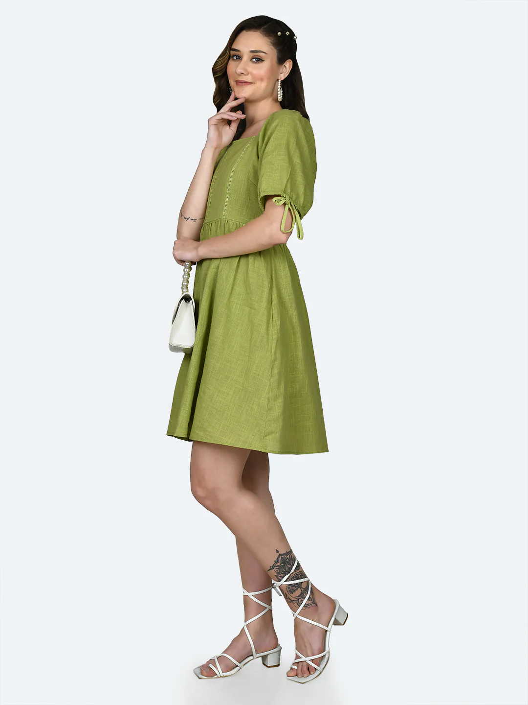 Green Solid Short Dress - Image 4
