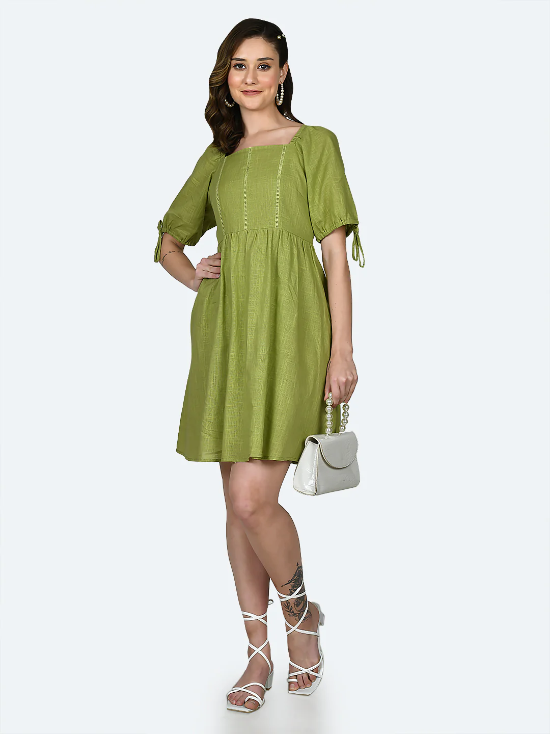 Green Solid Short Dress - Image 5
