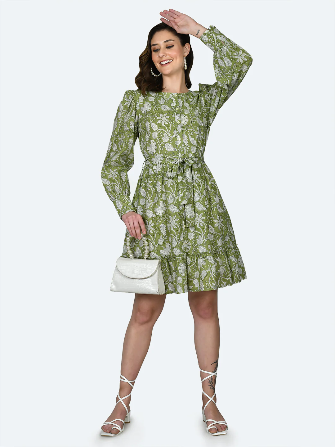 Green Tropical Print Short Dress - Image 5