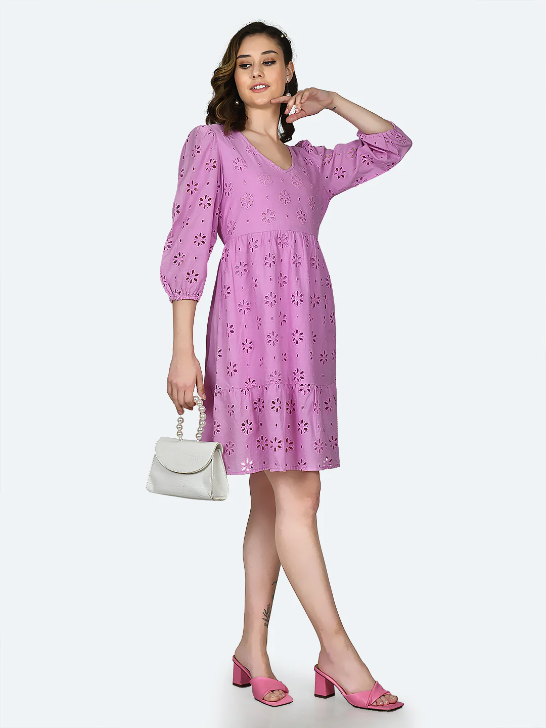 Pink Embroidered Short Dress - Image 5