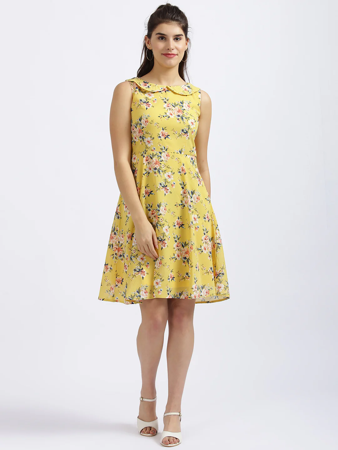 Yellow Floral Print Fit & Flare Dress