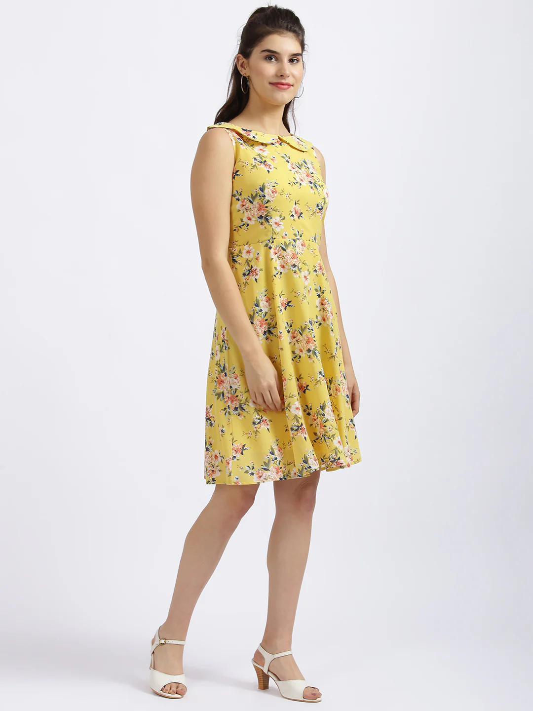 Yellow Floral Print Fit & Flare Dress - Image 3