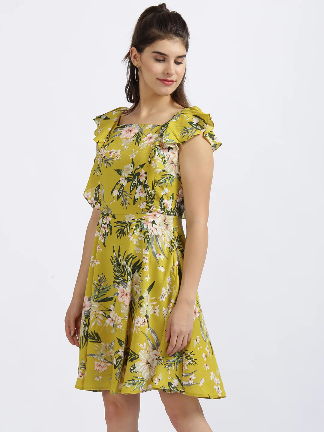 Yellow Floral Print Fit & Flare Dress - Image 2