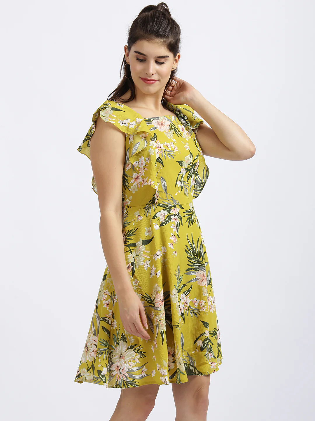 Yellow Floral Print Fit & Flare Dress - Image 3