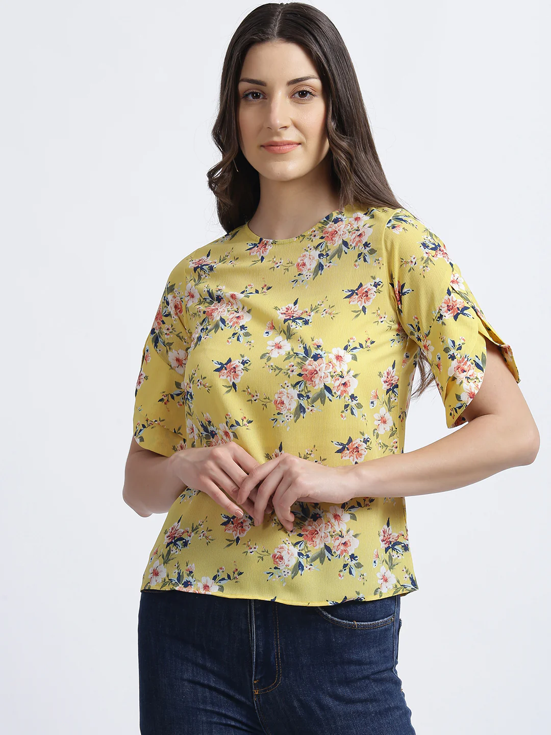Yellow Floral Print Regular Top - Image 2