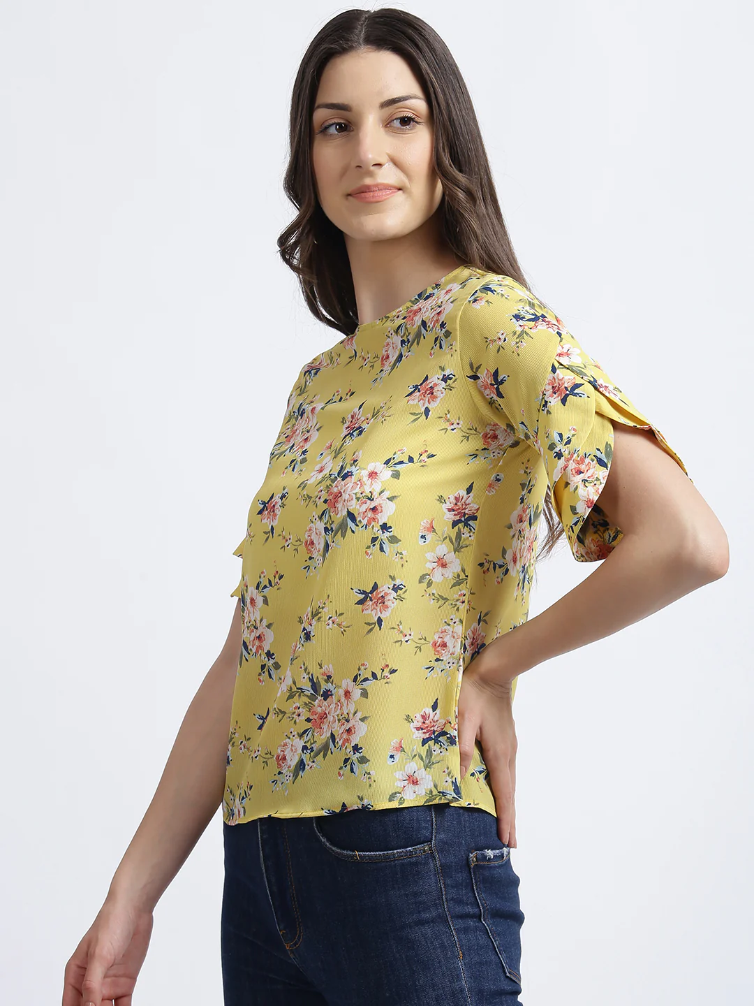 Yellow Floral Print Regular Top - Image 3