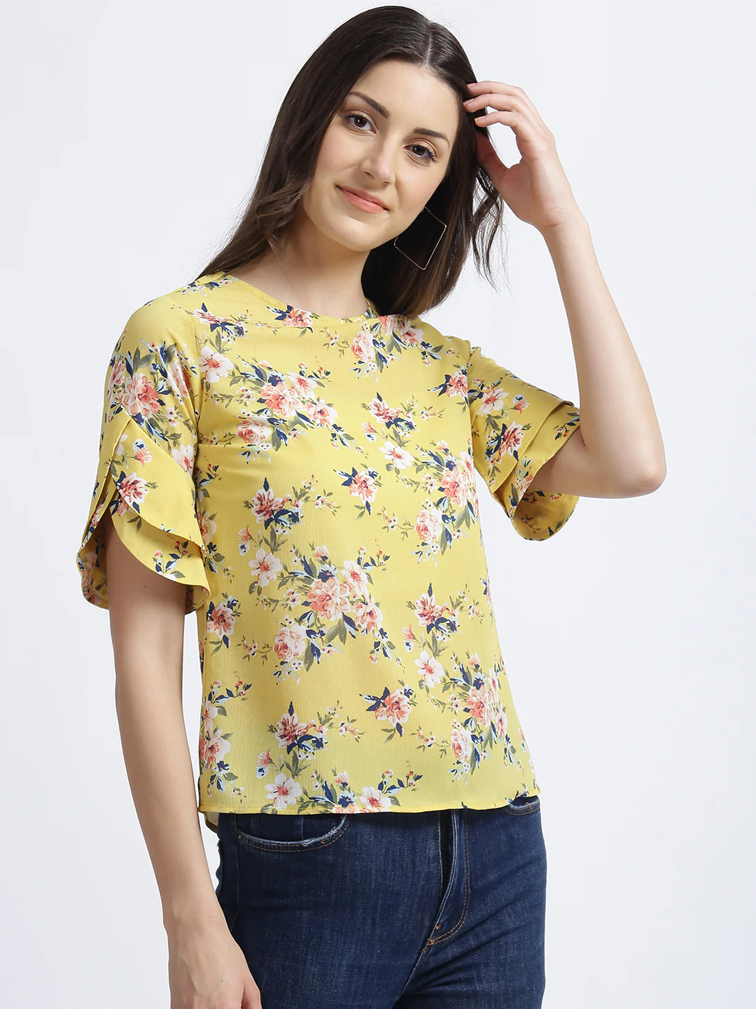Yellow Floral Print Regular Top - Image 4