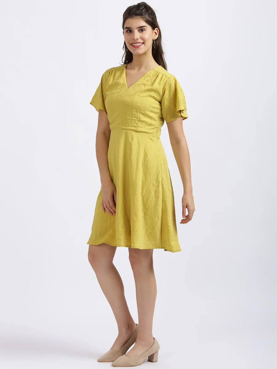 Yellow Self Design Fit & Flare Dress - Image 3