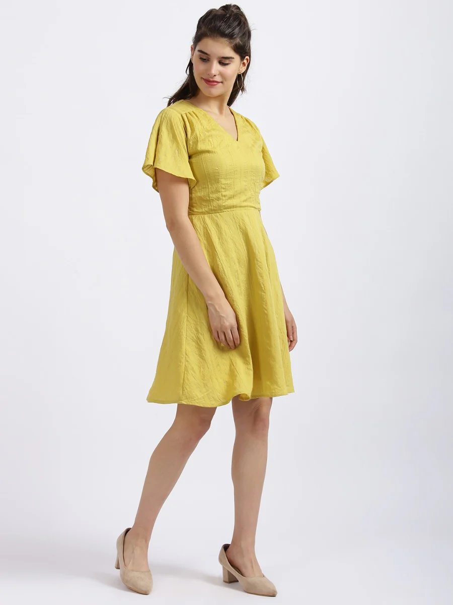 Yellow Self Design Fit & Flare Dress - Image 4